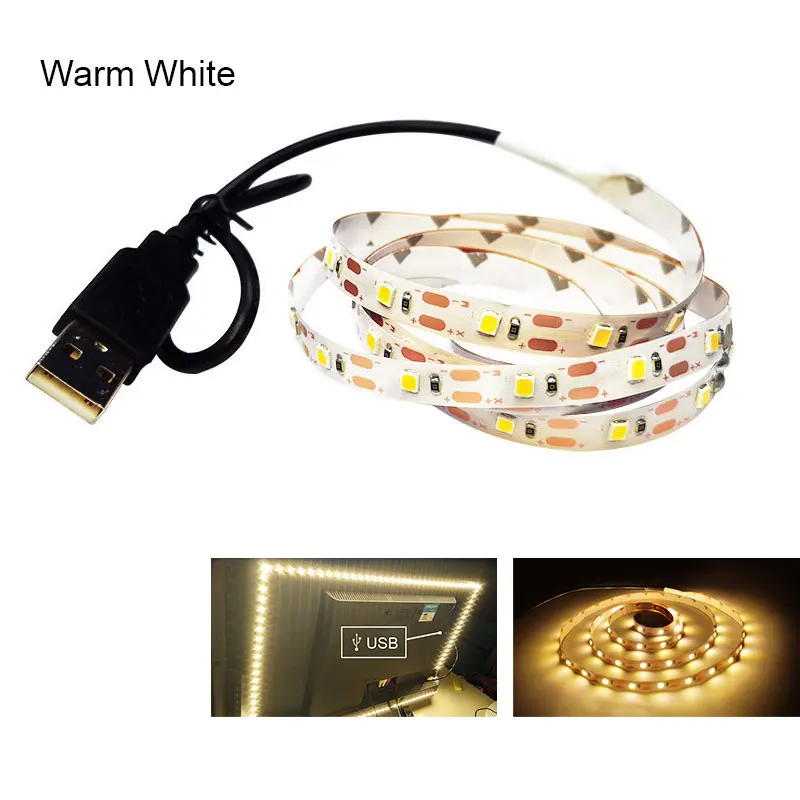 Светодиодная лента USB, светильник для ТВ, фоновый светильник ing RGB, неоновая лента SMD3528, 5 в постоянного тока, водонепроницаемая гибкая Диодная лента, 50 см, 1 м, 2 м, 3M, 4M, 5 м - Испускаемый цвет: Warm White