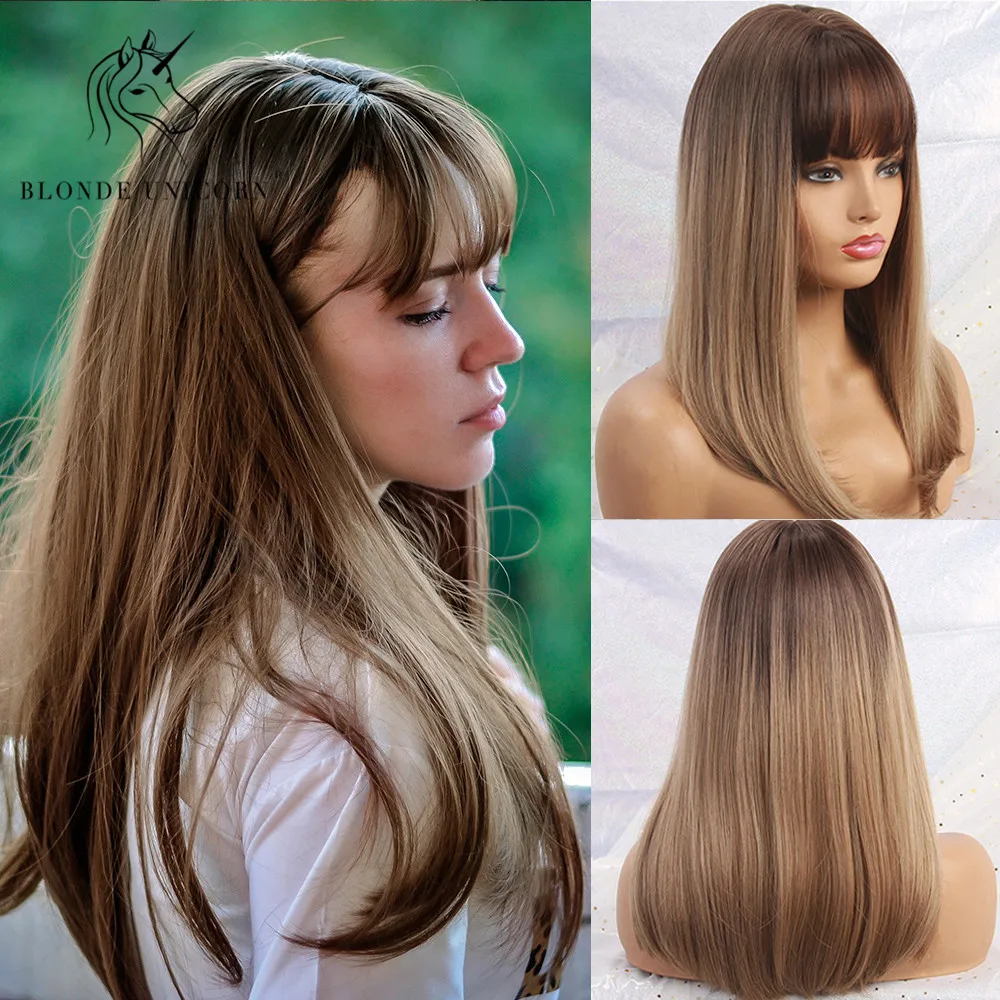 BEST Blonde Unicorn Synthetic Long Silky Straight Hair Dark Root Ombre Light Brown Wigs with Neat Bangs