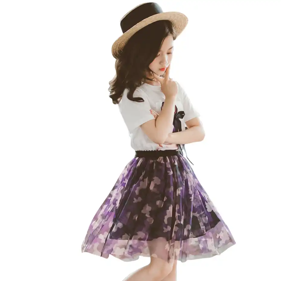 女の子服のための花tシャツ メッシュスカートジャージ弓衣装女の子のためのメッシュ子供服6 8 10 12 14 服セット Aliexpress