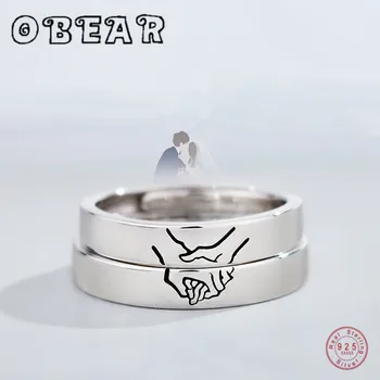 

OBEAR 100% 925 Sterling Silver Hold Your Hand Couple Rings For Women Men Resizable Symbol Love Wedding Jewelry Gifts