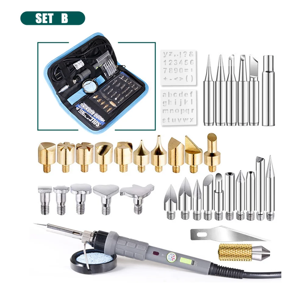 B PJLSW Wood Burning Kit Carving Pyrography Pen Kit 60W Adjustable Temperature Soldering Iron Welding Wood Embossing Burning set - Цвет: B