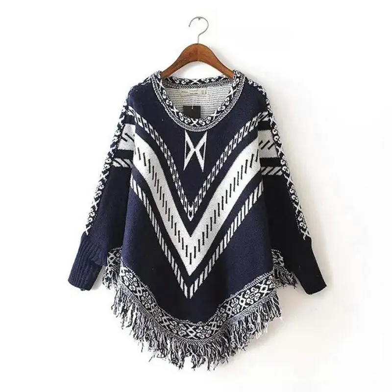 

New Women Sweaters Pullovers 2019 Winter Fringe Shawl Shawl Bat Sleeve Round Neck Knit Cloak Sweater Female Jumper Chompas A04