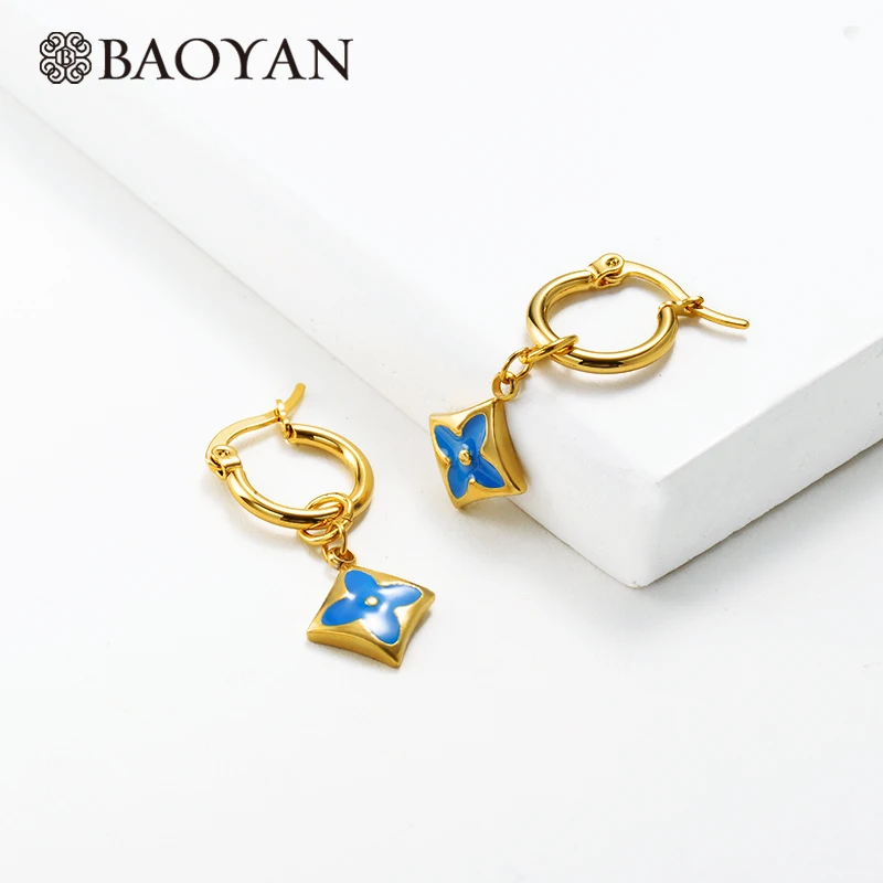 SSEGG142-14590 Baoyan, элегантные золотые серьги-кольца, желтый, белый, голубой цвет, эмаль, цветок, корона, серьги, модные серьги-кольца из нержавеющей стали для женщин - Окраска металла: SSEGG142-14590