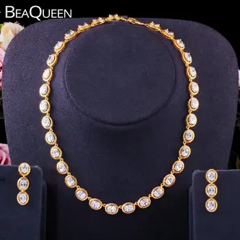 

BeaQueen Gorgeous Oval Cubic Zirconia Dubai Gold Round Choker Necklace Earrings Statement Wedding Jewelry Sets for Women JS274