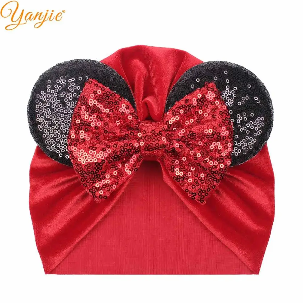 Turban-1 5 ''большой бантик для волос с пайетками уши Минни-Маус зимняя повязка на голову для девочек блестящая эластичная бархатная повязка на голову Детские аксессуары для волос - Цвет: Turban-1
