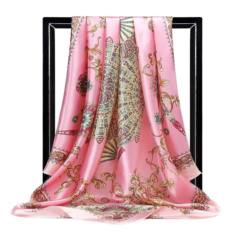 Модный платок шарфы для женщин цветочный принт атласный шелковый шарф Хиджаб Женский 90x90 см квадратный платок шарф на голову для дам - Цвет: 43
