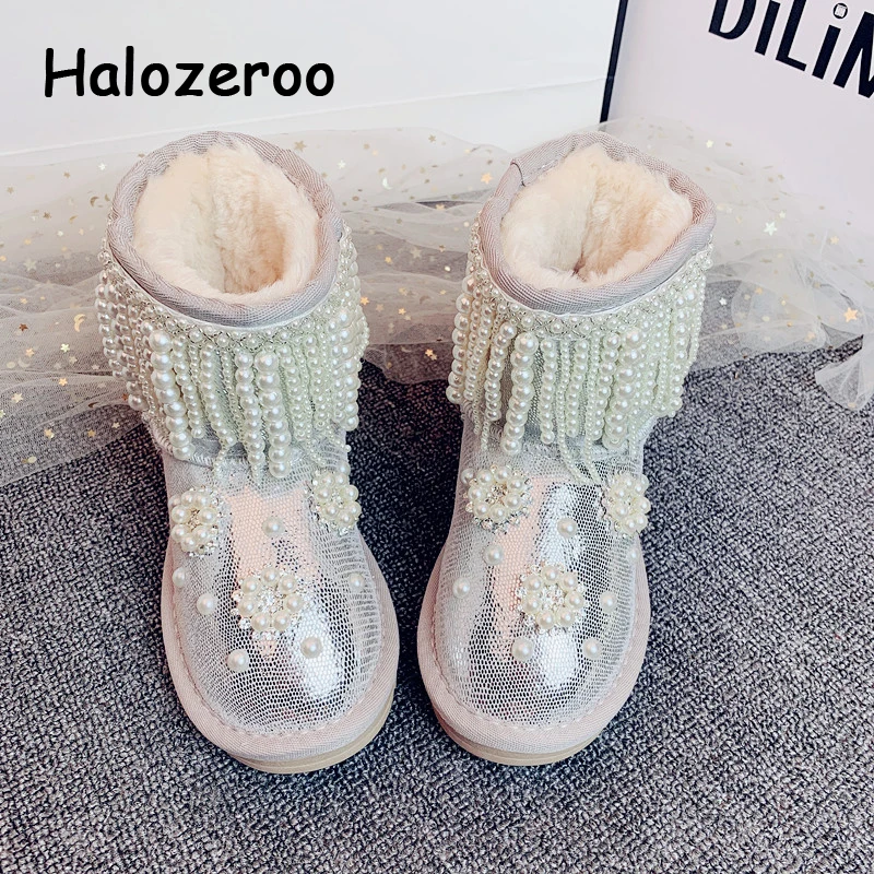 Fashion kids Girls Fur Lined Ankle boots Casual glitter Sequins Snow warm shoes