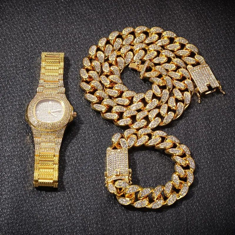 Watch Necklace Bracelet Punk HipHop Miami Curb Cuban Chain Gold Iced Out Rhinestones Rapper for Men Women Jewelry Set Wholesale