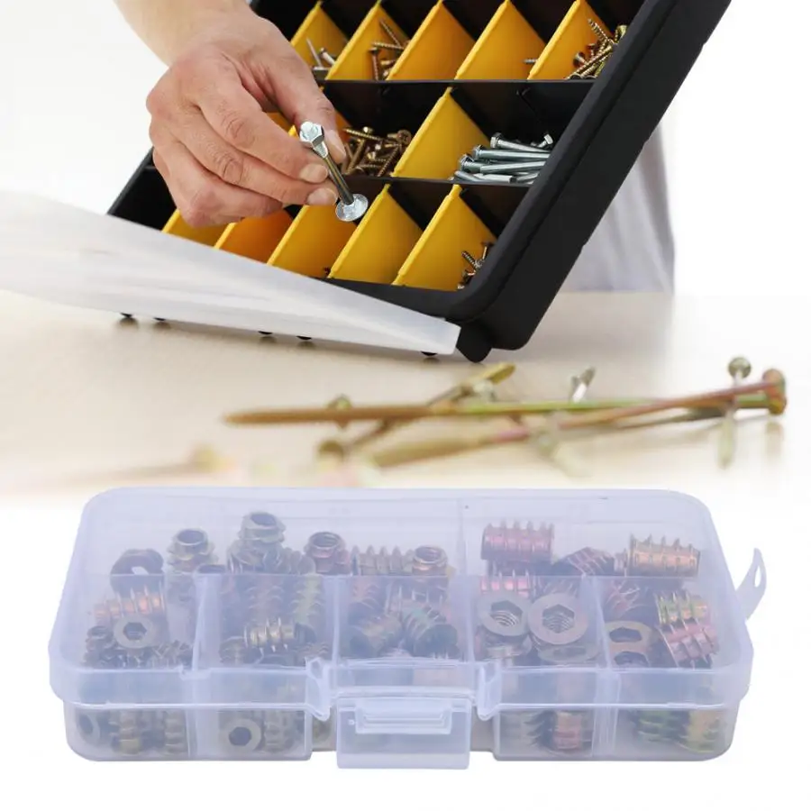 

70 Pcs/set Insert Nut Inner /External Thread Trapezoidal Nut Coloured Zinc Plated Threaded Insert wood screw and nut