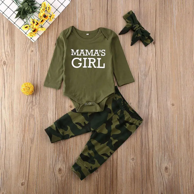 Infant Baby Boys Mama‘s Boy Romper Tops Camo Pants 3PCS Outfits Clothes Set Hot |