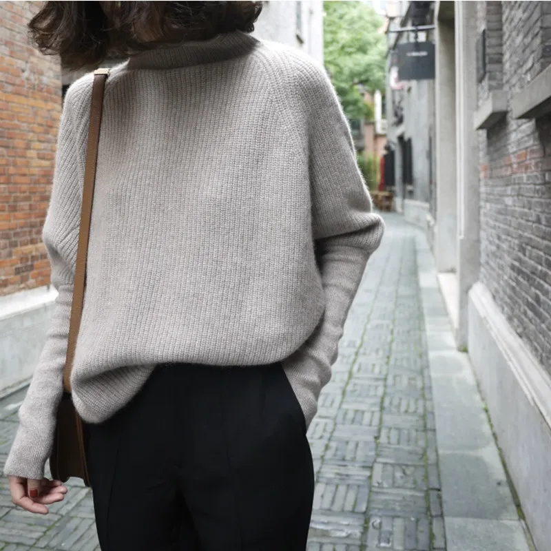 

Women's cashmere sweater batwing sleeves casual pullover Turtleneck knitwear thick solid color High Tops large size sweater