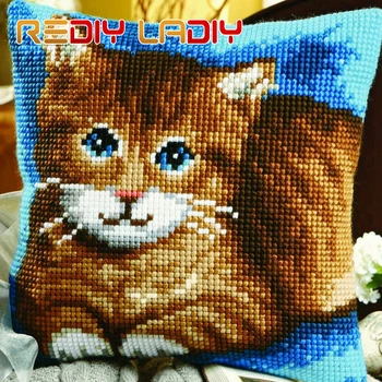 

Cross Stitch Cushion Cat in Garden Make Your Own Pillow Chunky Cross Stitch Kits Pre-Printed Canvas Acrylic Yarn Pillow Case