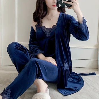 

Female 3PCS Pajamas Suit Sleep Set Pijamas Casual Lounge Softy Sleepwear Long Sleeve Home Clothing Winter New Nightwear