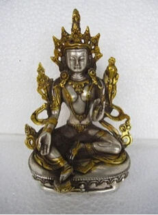 

Free Shipping Tibetan Silver Gilt Bronze Green Tara Goddess Buddha Statue