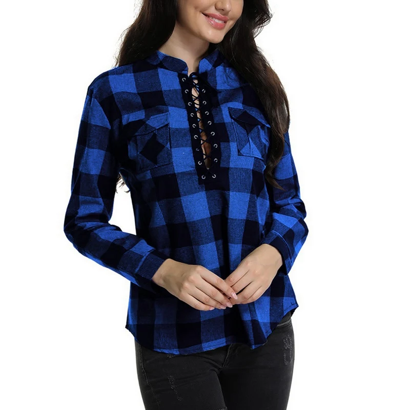 

JODIMITTY Women Plaid Shirts 2020 Spring Long Sleeve Blouse Shirts Office Lady Lace Up Tops Tunic Casual Shirts Plus Size 5XL