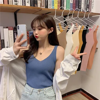 

V-neck Viscose Camisole Vest Women's Underwear Knit Low Waist Jersey Solid Color Sleeveless T-shirt Tops Outer Wear Summer Short