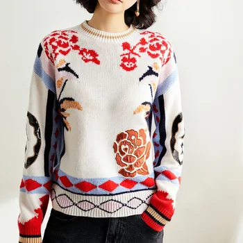 

Women Wool Blend Sweater 2019 Winter Color Block Flower Sequin Swallow Pattern Knitted Sweater Ladies Jumper Z013