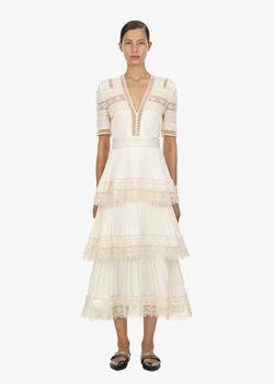 

COIGARSAM Lace Women dress V-Neck Dresses White 291