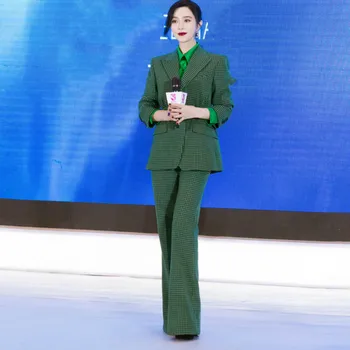

Temperament women's suits high quality pants two-piece suit 2019 new winter green slim check ladies jacket Casual trousers
