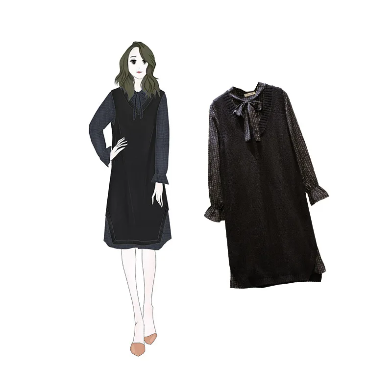 

2019 Spring Clothing New Style Large Size Dress Fat Mm Mid-length Sweater Waistcoat + Plaid Dress Two-Piece Set