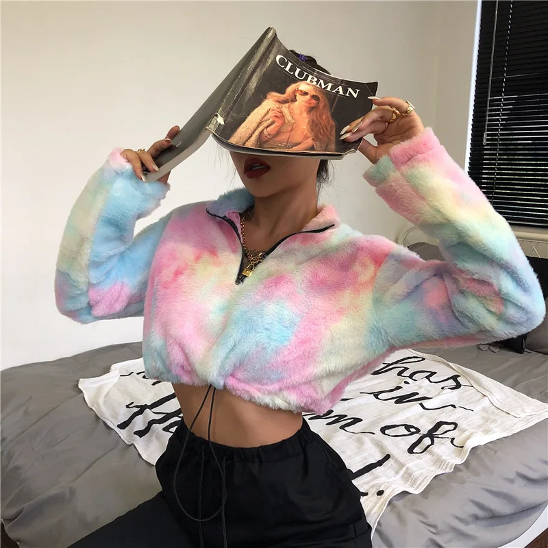  Nadafair Long Sleeve White Cropped Hoodie Women Autumn Winter Pullover Short Sweatshirt Plush Zippe