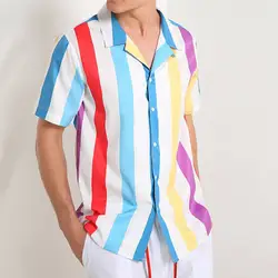 Винтажная Мужская рубашка с коротким рукавом мужские повседневные рубашки модная одежда полосатые пуговицы отложной воротник Гавайские