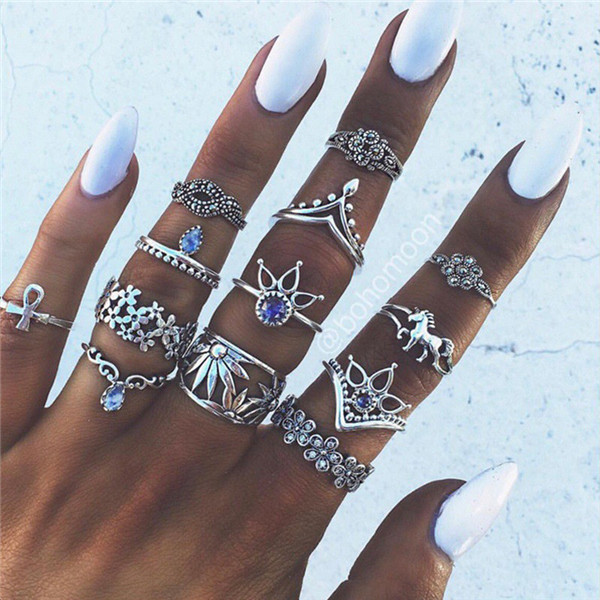 Bohemian Gold Vintage Rings Snake Heart Crystal Ring Set Women Charm Joint Ring Party Wedding Fashion Jewelry Gifts