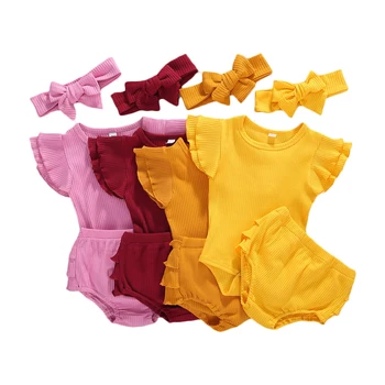 

0-24M Baby Summer Clothing Newborn Infant Baby Girl Strap Solid Romper Tops Shorts Pants Set Knitted Ribbed Outfits Headwear Set