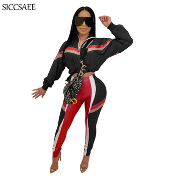 

Striped Printing Two Piece Set Turn Down Collar Zipper Crop Top And Pants Sweat Suit Sexy Casual Outfits Activewear Clothing