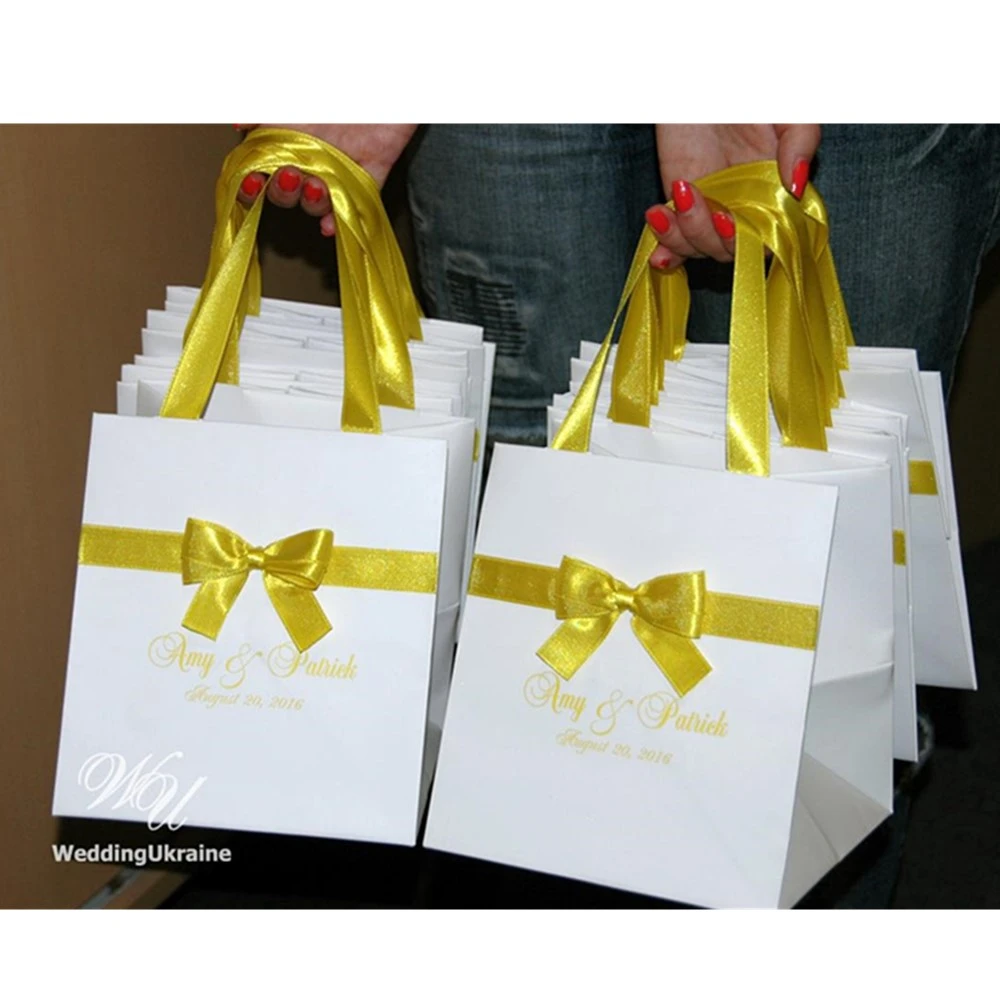 Personalized Yellow Wedding Welcome Bags With Satin Ribbon, Bow And Names -  White And Yellow Paper Bags For Wedding Favors - Gift Boxes & Bags -  AliExpress