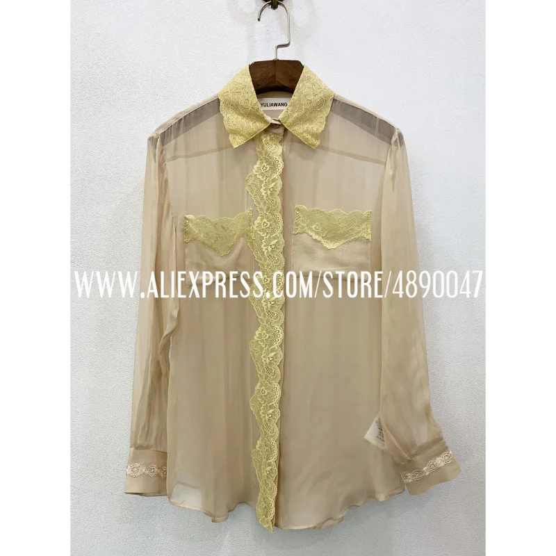 

2020 Women's New High Quality Lace Lapel Lapel Stitching Silk Shirt Fashion Long Sleeve Shirt Intellectual temperament shirt