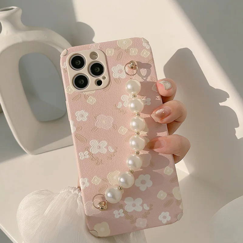 Art Pink Floral Flower Pearl Bracelet Phone Case For iPhone 12 Mini 11 Pro Max X Xs Max Xr 7 8 Puls SE Cases Soft Leather Cover