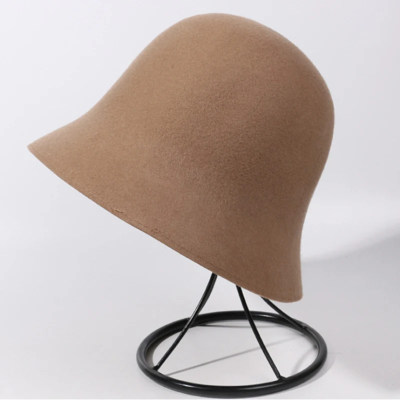 Plain Khaki HT2802 Новая Женская осенне-зимняя шапка, Женская однотонная шерстяная шапка высокого качества, женская шапка-Клош, женская шляпа-шляпа - Цвет: Plain Khaki