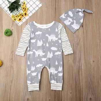 

Pudcoco Autumn Newborn Baby Boy Girl Clothes Cotton Cartoon Dinosaur Print Long Sleeve Striped Romper Jumpsuit Hat 2Pcs Outfits