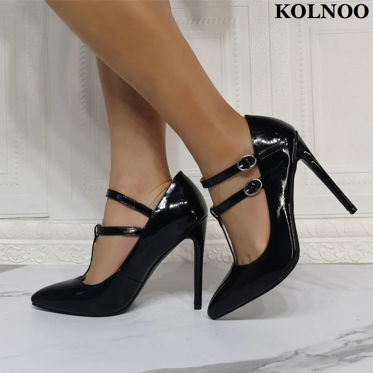 

Kolnoo Real Photos Handmade Ladies High Heel Pumps Double Buckle Strap Pointed-Toe Party Dress Shoes Black Fashion Court Shoes