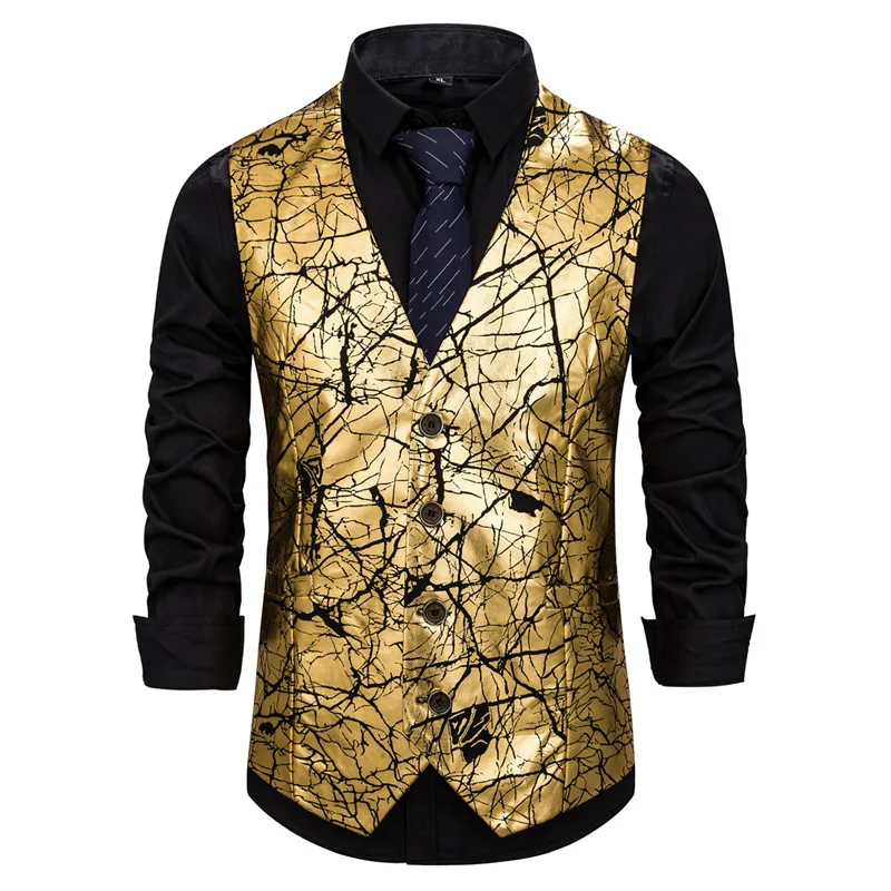 Gold Vest Блестящий Золотой костюм для ночного клуба, мужской пиджак на одной пуговице с принтом трещины для свадебной вечеринки, одежда для певцов, мужской смокинг, пиджак - Цвет: Gold Vest