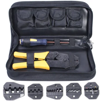 

Durable Self-Adjustable Crimping Pliers Ratcheting Ferrules Crimper Tool with 5 Interchangeable Jaws & One Screw Driver