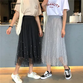 

2020 Summer Spring Korean Casual Lace Mesh A Line Skirt Female Long Midi Pleated Skirts Chiffon High Waist Saia Black Grey Beige