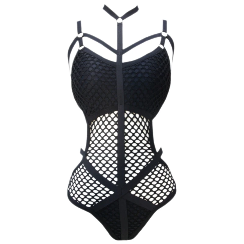 

Black Sheer Knit Net Mesh Women Swimwear One Piece Swimsuit Female Bather Bathing Suit Swim Halter L