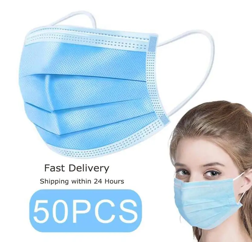 

50PCS Earloop Face Mask Disposable Mouth Masks 3 Ply Breathable Non-Woven Fabric Mask Masks for Dust Chemicals Germ Flu in Stock