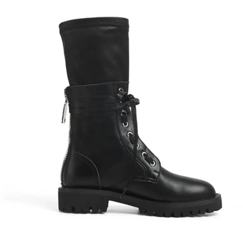Черный MORAZORA hot sale genuine leather women boots low heel round toe buckle fashion leisure motorcycle mid calf boots - Цвет: Черный