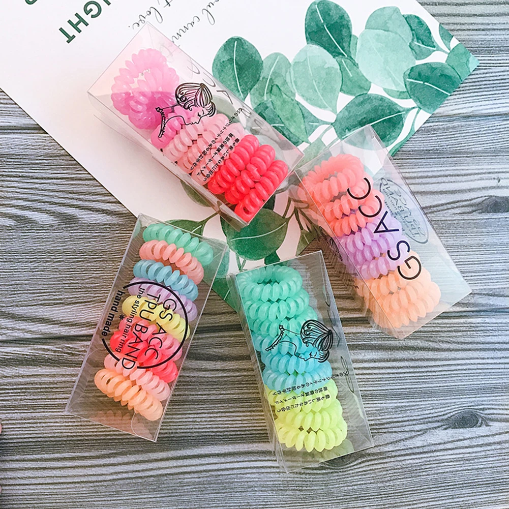 

9 pcs Small Thin Colorful Elastic Plastic Rubber Spiral Coil Telephone Cord Wire No Crease Hair Ties Scrunchies Hair Ring Band