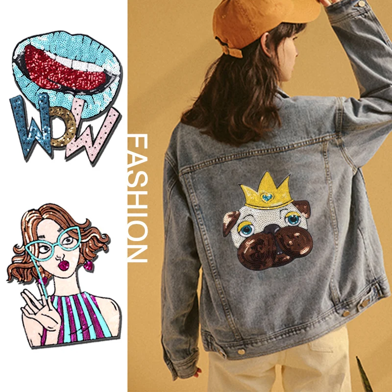 

Big WOW Large Iron on Sequin Patches Appliques Embroidered Dog Patch for Clothing Kids Badges Fabric Stickers Sewing JOD