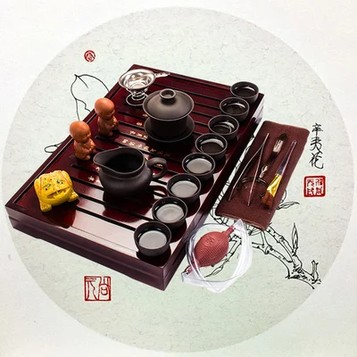 Kerámia Lila Agyag Tea Szett Kung Fu Pot Infúziós Szilárd Fa Tea Tálca Teáskanna Teáscsészék - Image 3