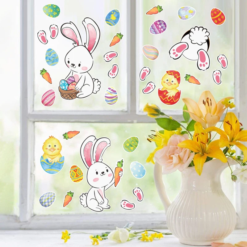 Easter Window Stickers Bunny Egg Carrot Stickers Decal Happy Easter Decor for Home Xmas New Year Party Self Adhesive Tattoo