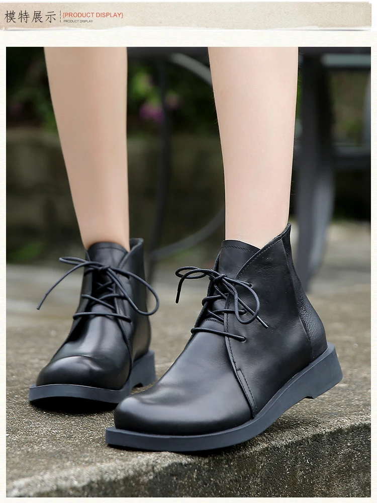 Autumn Women's Martin Boots Ankle Genuine Leather Lacing Women's Boots Flat Bottomed Shoes Color Matching