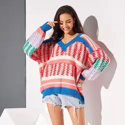 Красный Boho Повседневный милый простой Плюс Размер Свободный женский свитер пуловер фонарь рукав полоса зима женский 2019 Путешествия Пляж