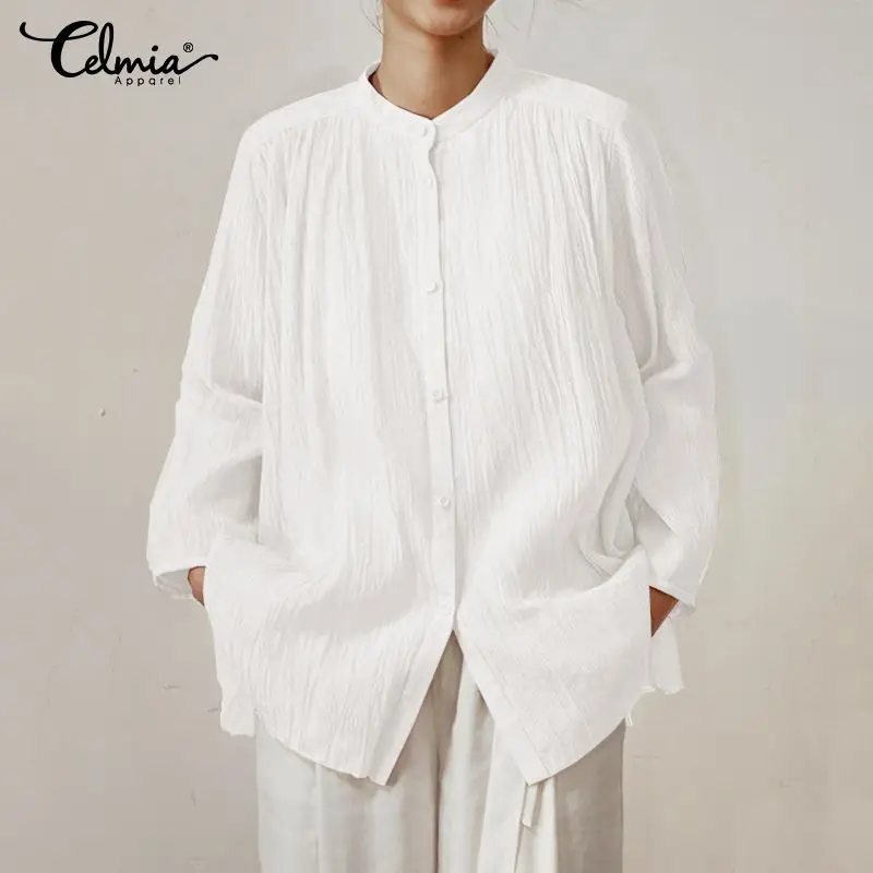 

2019 Fashion Tunic Tops Women Long Sleeve Blouses Celmia Vintage Pleated Causal Shirts Buttons Solid Blusas Femininas Plus Size