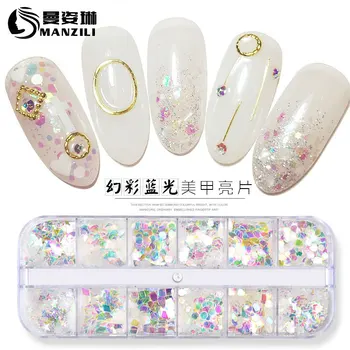 

Nail Art Dazzling Pink Sequins 12-Grid Long Box Ornament Crystal Blue Transparent Mermaid Sequins gel nail polish set