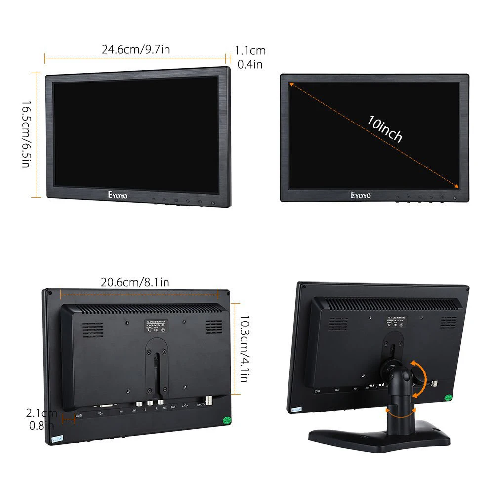 Eyoyo 10 Inch IPS LCD Monitor 1280x800 Resolution Support HDMI VGA BNC AV Input for PC 5